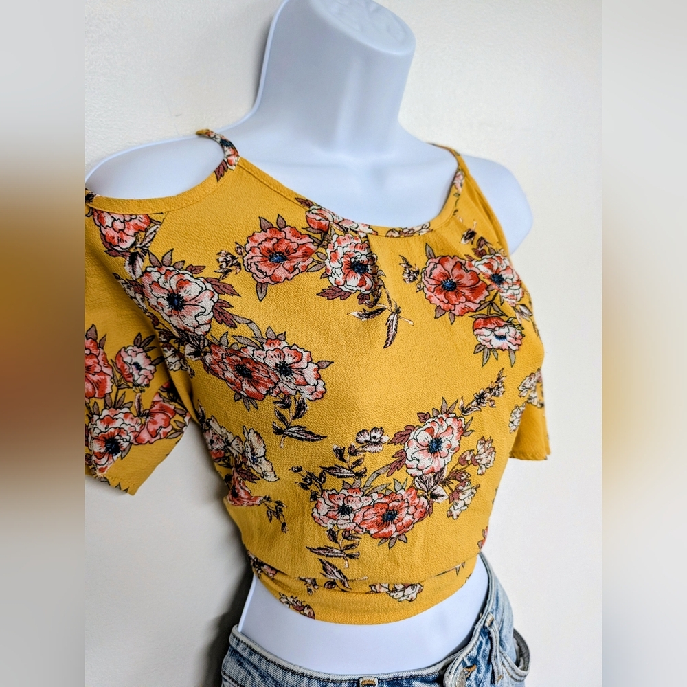 Yellow Floral Cold-Shoulder Top